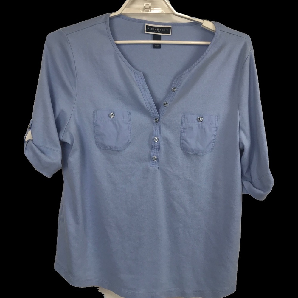 Karen Scott Womans 1X Blue Henley Cotton Top